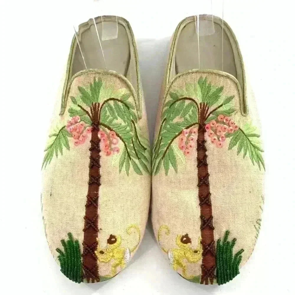 linen womens embroidered mules size 8 tropical slip on mules vintage floral